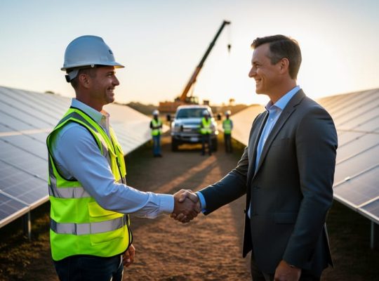 Solar project manager in a safety vest shakes hands with a business professional next to rows of ground-mounted solar panels at sunset, with a blurred crew, pickup truck, and crane in the background.