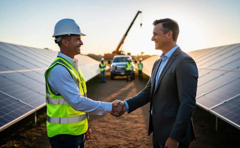 Solar project manager in a safety vest shakes hands with a business professional next to rows of ground-mounted solar panels at sunset, with a blurred crew, pickup truck, and crane in the background.