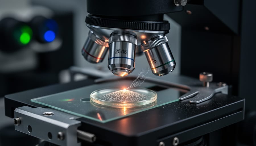 Focused laser beam creating microscopic 3D structure in transparent polymer resin during two-photon polymerization process