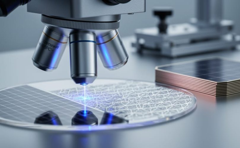 Close-up of a microscope objective directing a femtosecond laser into photoresist on a silicon wafer, creating nanoscale lattice features beside micro-textured solar cell patterns, with cool lab lighting and blurred optical mounts and stacked wafers in the background.