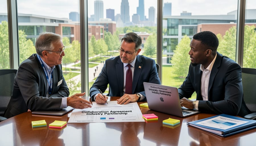 Business handshake symbolizing partnership agreement with solar panels and university building in background