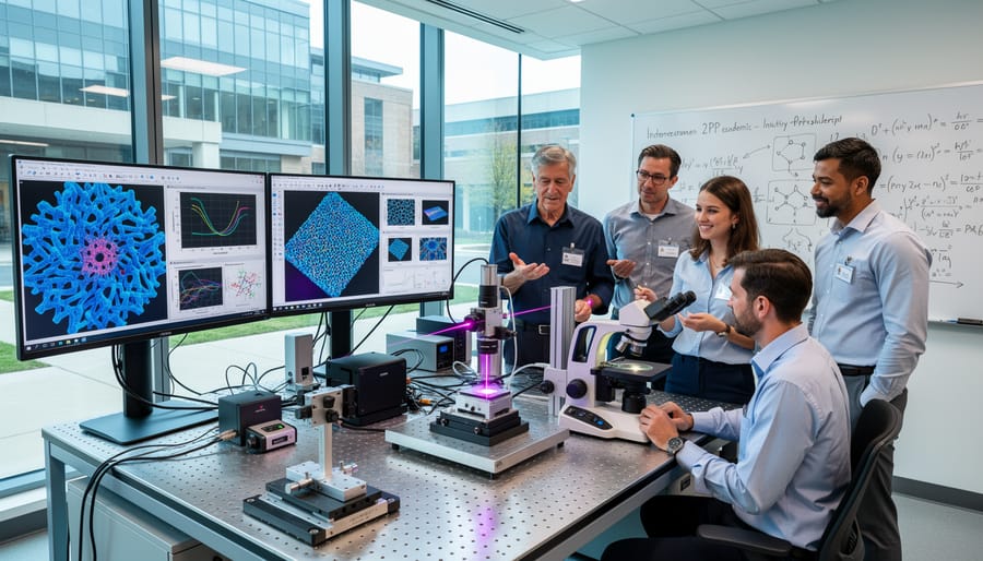 Researchers collaborating in university laboratory with two-photon polymerization 3D printing equipment