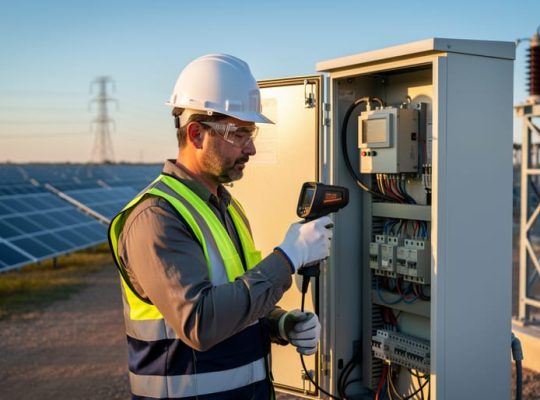 Utility-scale solar operator wearing a hard hat and safety vest uses a handheld thermal camera to inspect an inverter cabinet beside large solar panel arrays, with a substation and transmission towers softly blurred in the golden-hour background.