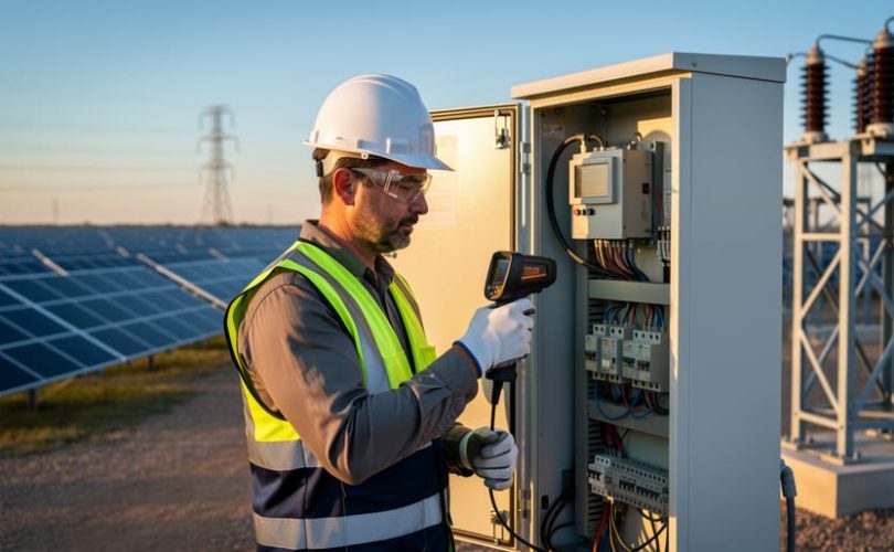 Utility-scale solar operator wearing a hard hat and safety vest uses a handheld thermal camera to inspect an inverter cabinet beside large solar panel arrays, with a substation and transmission towers softly blurred in the golden-hour background.
