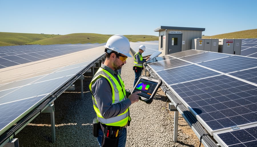 Large-scale solar farm with rows of photovoltaic panels extending across landscape