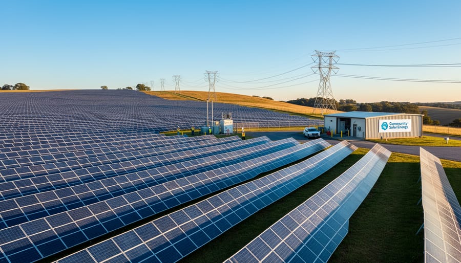 Wide view of utility-scale solar farm with ground-mounted panel arrays at sunset