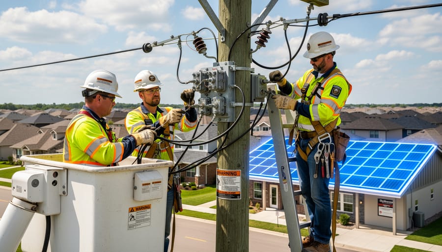 Utility lineworker on power pole with solar panel installations visible on homes below