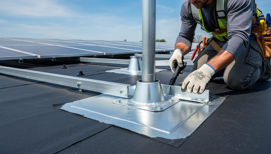 Detailed view of waterproof flashing and sealing around solar mounting roof penetration