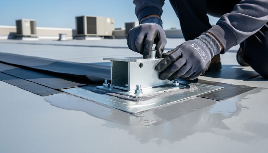 Close-up of waterproofed roof penetration point with mounting bracket and sealant