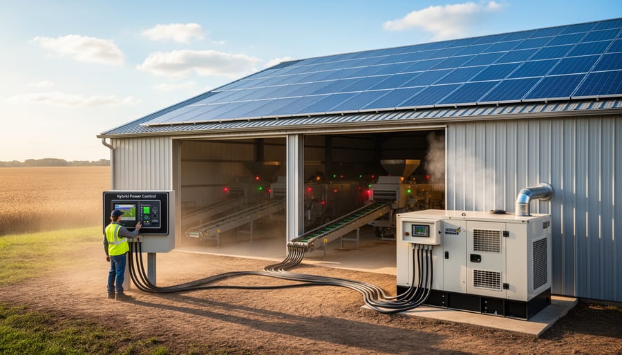 Farm building with rooftop solar panels and backup generator for agricultural power needs
