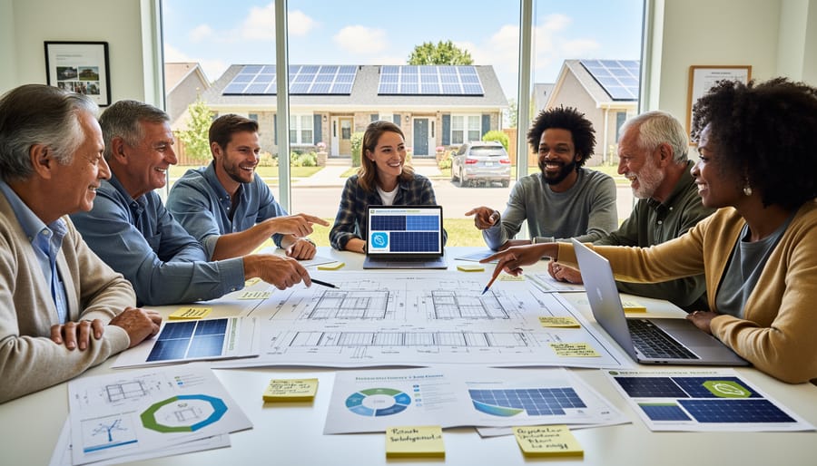 Diverse community members gathered outdoors examining solar panels together in collaborative discussion