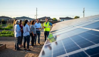 Diverse residents and a solar project manager in a safety vest stand beside rows of photovoltaic panels during a neighborhood site visit, with late-afternoon light and softly blurred homes and garden beds in the background.
