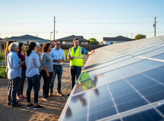 Diverse residents and a solar project manager in a safety vest stand beside rows of photovoltaic panels during a neighborhood site visit, with late-afternoon light and softly blurred homes and garden beds in the background.