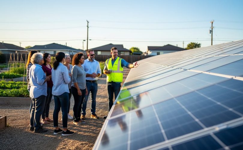 Diverse residents and a solar project manager in a safety vest stand beside rows of photovoltaic panels during a neighborhood site visit, with late-afternoon light and softly blurred homes and garden beds in the background.