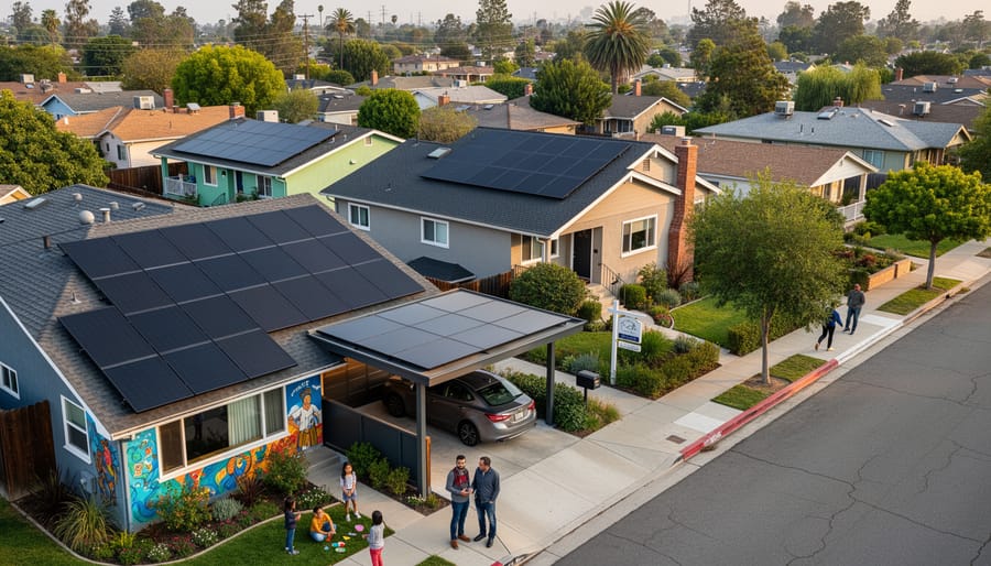 Community solar panel array on urban rooftop with residential neighborhood visible in background