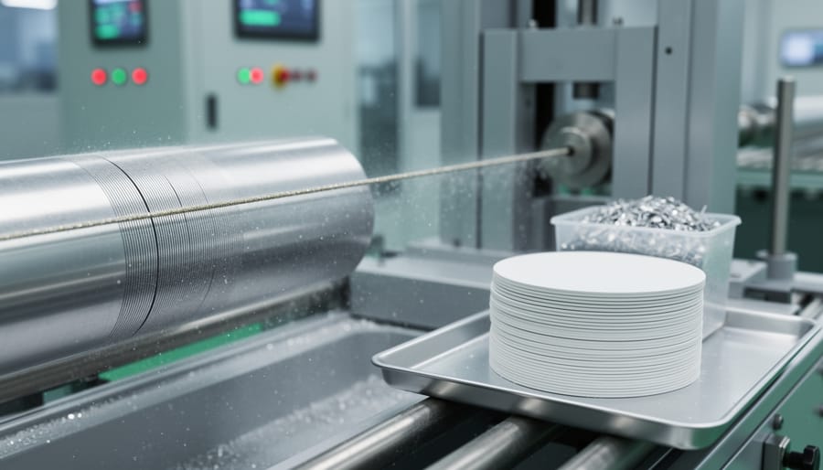 Diamond wire saw cutting silicon ingot in solar manufacturing facility