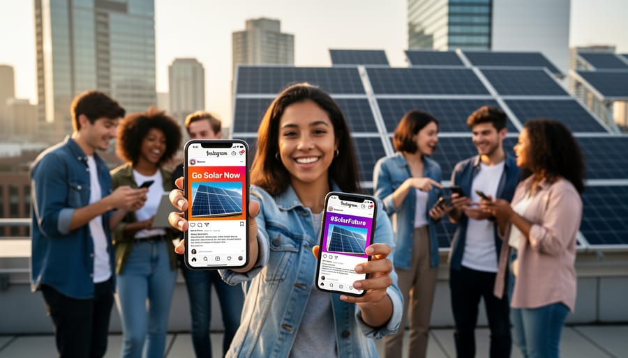 Young solar advocate using smartphone to share renewable energy information with peers