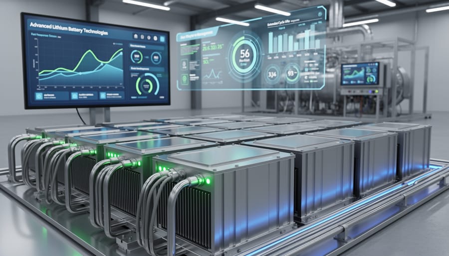 Close-up of modern lithium battery bank with LED indicators in hybrid power system