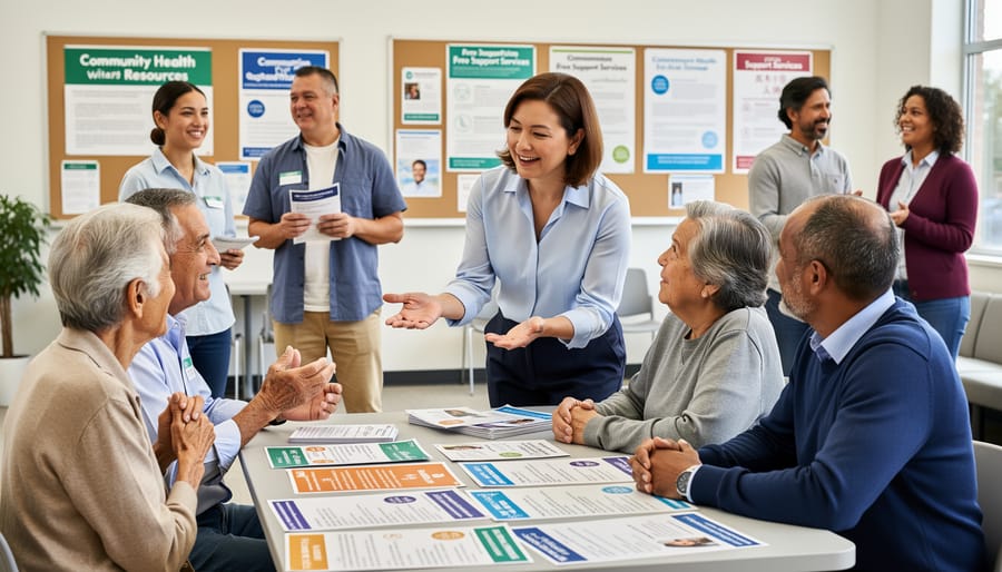 Community educator and resident reviewing bilingual solar educational materials at kitchen table