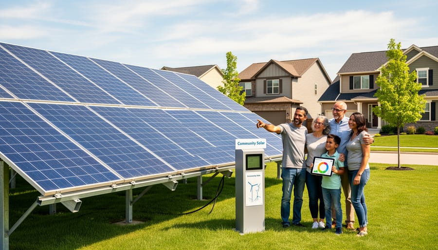 Aerial view of community solar farm with rows of photovoltaic panels in California landscape