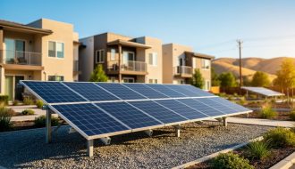 Community solar panels near California apartment buildings with utility poles and rolling hills at golden hour, emphasizing local energy access for renters.