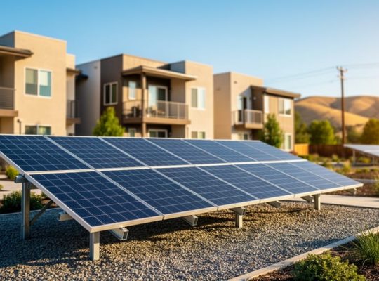 Community solar panels near California apartment buildings with utility poles and rolling hills at golden hour, emphasizing local energy access for renters.