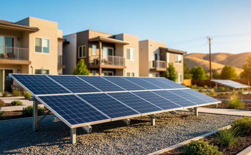 Community solar panels near California apartment buildings with utility poles and rolling hills at golden hour, emphasizing local energy access for renters.