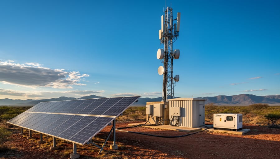 Telecommunications tower powered by solar panels and backup generator in remote mountain location
