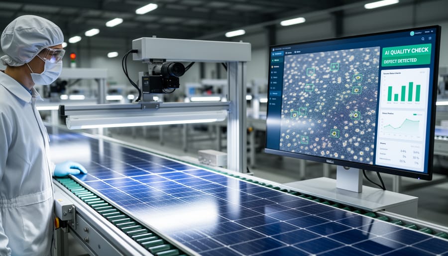 Technician performing optical quality inspection on solar cell wafer in cleanroom environment