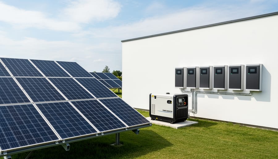 Solar panel array installed next to backup generator and battery cabinet in hybrid power system