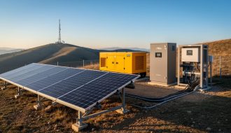Wide golden-hour shot of a ground-mounted solar array beside a yellow diesel generator enclosure and gray battery cabinet at a remote telecommunications site, with hills and a distant tower softly visible in the background.