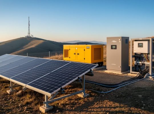 Wide golden-hour shot of a ground-mounted solar array beside a yellow diesel generator enclosure and gray battery cabinet at a remote telecommunications site, with hills and a distant tower softly visible in the background.