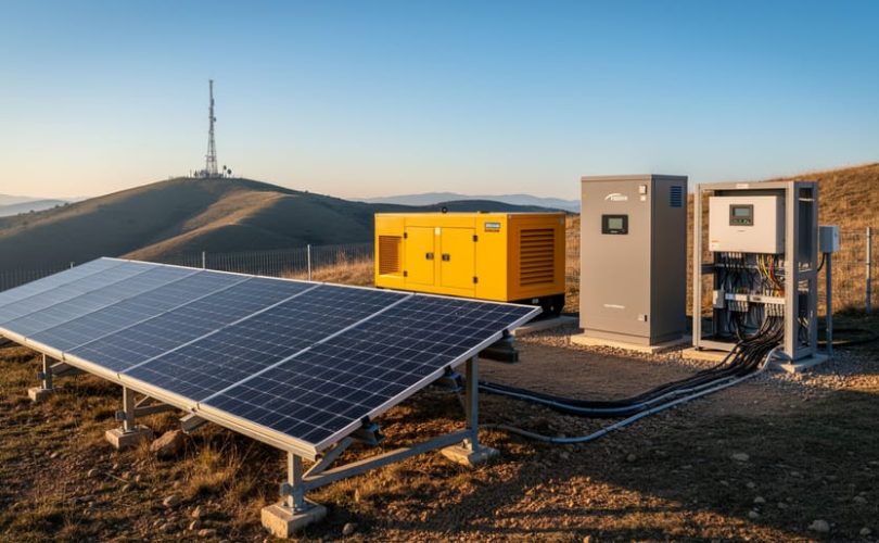 Wide golden-hour shot of a ground-mounted solar array beside a yellow diesel generator enclosure and gray battery cabinet at a remote telecommunications site, with hills and a distant tower softly visible in the background.