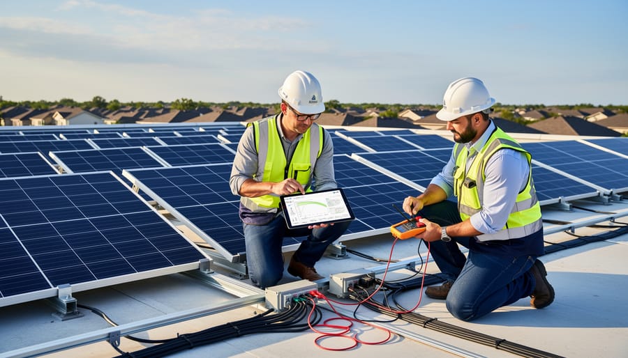Technician installing connections on monocrystalline solar panel in community solar array