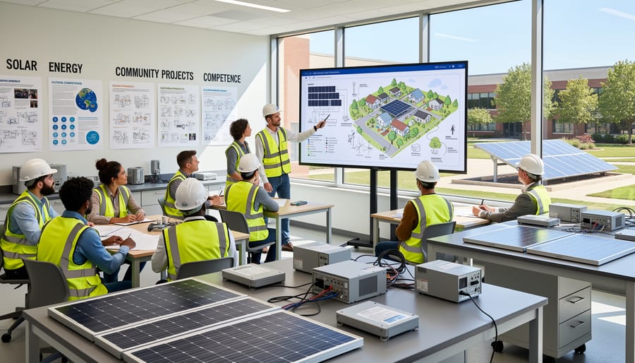 Diverse students in university lab examining photovoltaic modules during educational training