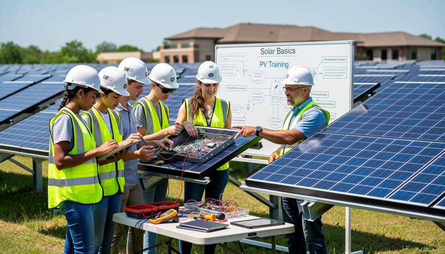Student examining solar panel module during technical training session with instructor