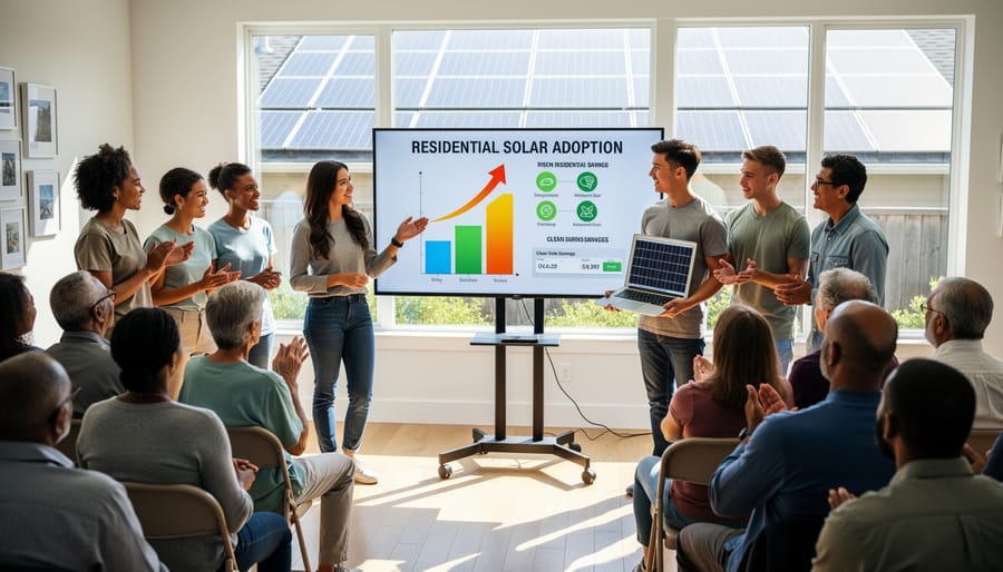 Young solar advocates presenting to diverse community audience at educational outreach event