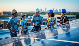 Diverse students and a mentor wearing hard hats and safety vests inspect solar panels on a school rooftop in warm evening light, with blurred campus buildings and a distant city skyline in the background.