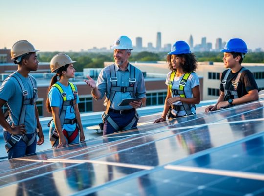 Diverse students and a mentor wearing hard hats and safety vests inspect solar panels on a school rooftop in warm evening light, with blurred campus buildings and a distant city skyline in the background.