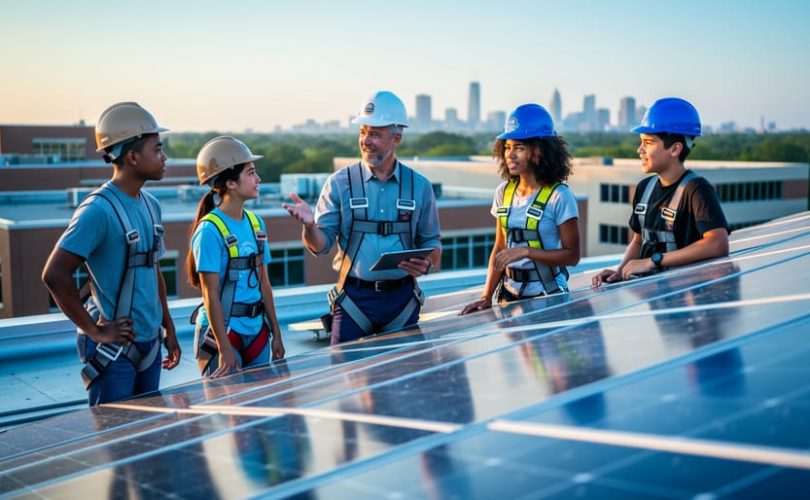 Diverse students and a mentor wearing hard hats and safety vests inspect solar panels on a school rooftop in warm evening light, with blurred campus buildings and a distant city skyline in the background.