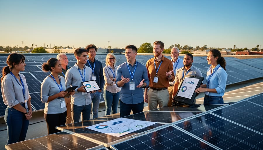 Diverse group of teenage solar advocates standing in front of photovoltaic panel installation