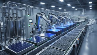 Wide view of a clean solar panel manufacturing line with robotic arms moving blue silicon wafers, closed-loop stainless pipes and filtration tanks reclaiming slurry, and trays of recovered silicon pellets on conveyors, with technicians in cleanroom suits softly blurred in the background.