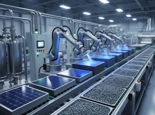 Wide view of a clean solar panel manufacturing line with robotic arms moving blue silicon wafers, closed-loop stainless pipes and filtration tanks reclaiming slurry, and trays of recovered silicon pellets on conveyors, with technicians in cleanroom suits softly blurred in the background.