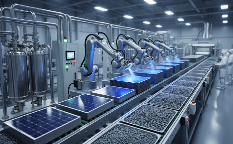 Wide view of a clean solar panel manufacturing line with robotic arms moving blue silicon wafers, closed-loop stainless pipes and filtration tanks reclaiming slurry, and trays of recovered silicon pellets on conveyors, with technicians in cleanroom suits softly blurred in the background.