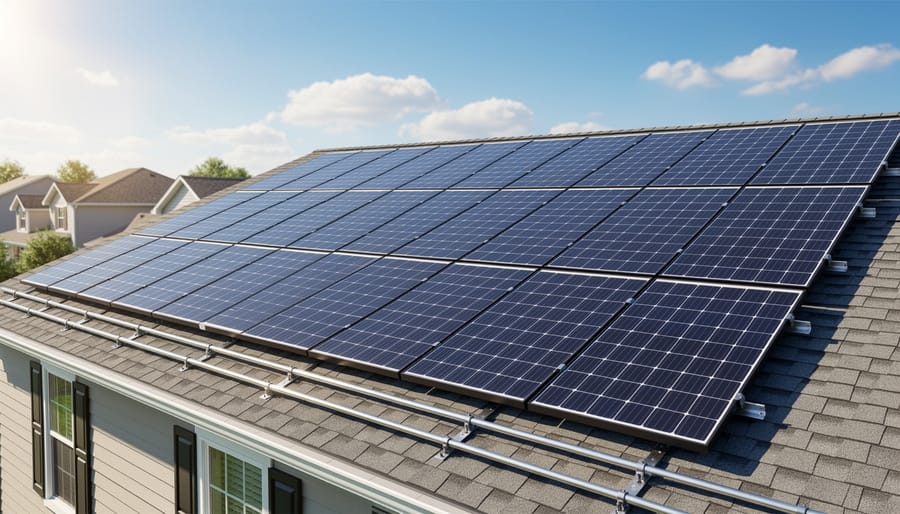 Residential rooftop solar panel array showing multiple panels installed on pitched roof