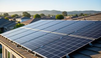 Eye-level wide shot of blue-black solar panels on a suburban home’s roof in bright midday sun, with softly blurred rooftops, trees, and distant hills in the background