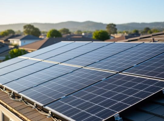 Eye-level wide shot of blue-black solar panels on a suburban home’s roof in bright midday sun, with softly blurred rooftops, trees, and distant hills in the background