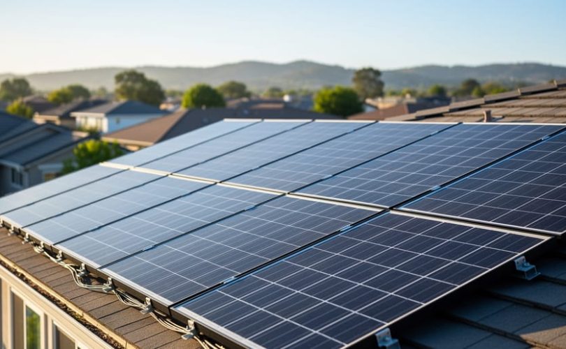 Eye-level wide shot of blue-black solar panels on a suburban home’s roof in bright midday sun, with softly blurred rooftops, trees, and distant hills in the background