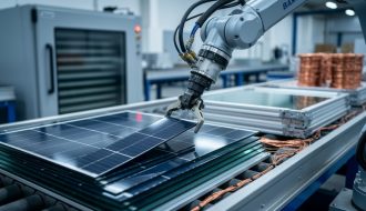 Robotic arms remove layers from a photovoltaic panel on an automated line inside a clean recycling facility, with a thermal delamination chamber and stacks of glass, aluminum frames, and copper coils softly blurred in the background.
