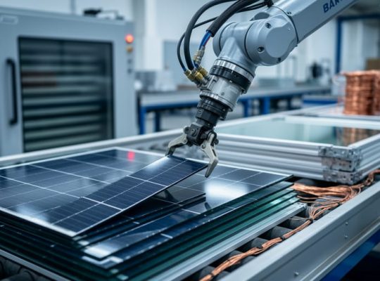 Robotic arms remove layers from a photovoltaic panel on an automated line inside a clean recycling facility, with a thermal delamination chamber and stacks of glass, aluminum frames, and copper coils softly blurred in the background.